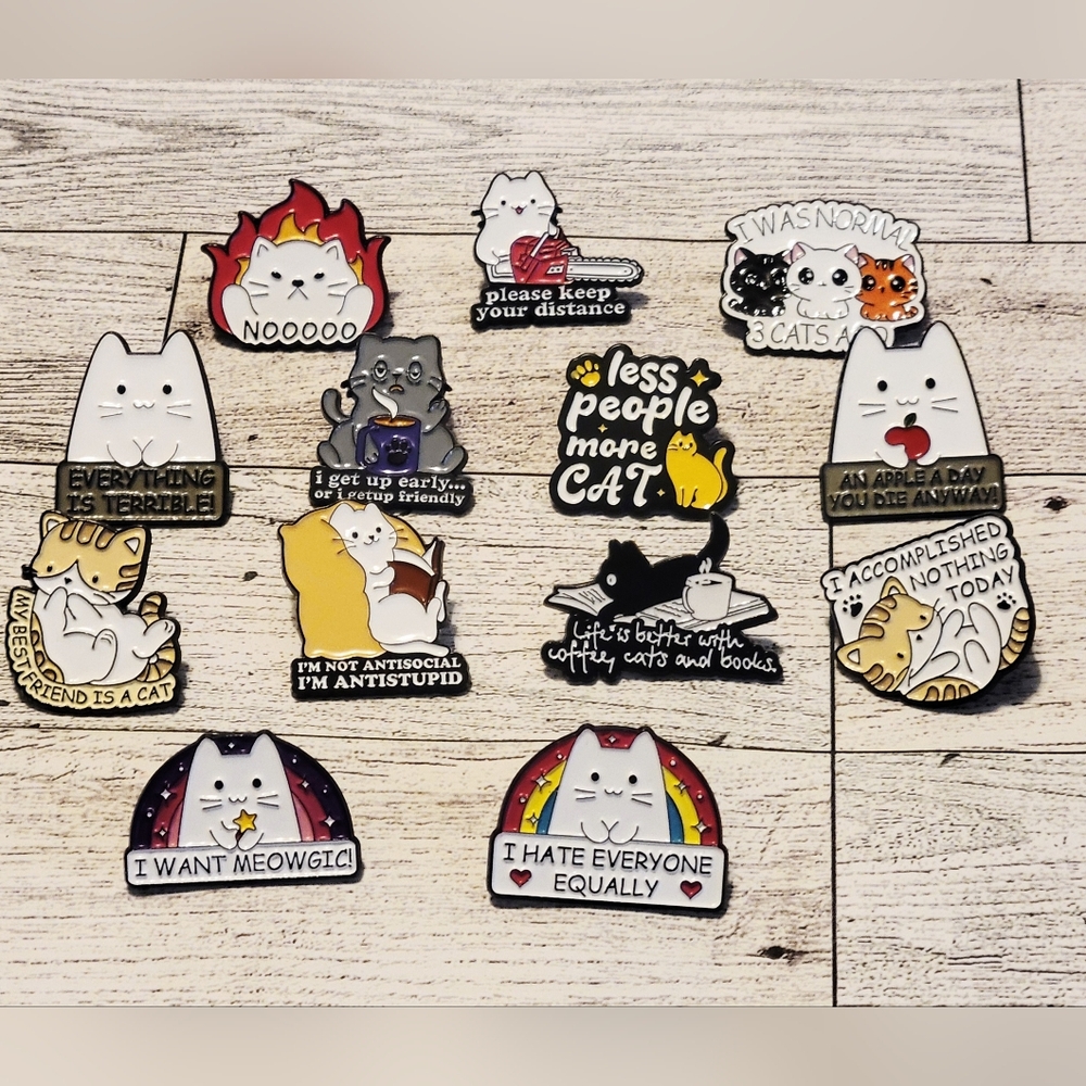 SET of 13 Frisky Sassy Funny Attitude Cat Enamel Pins